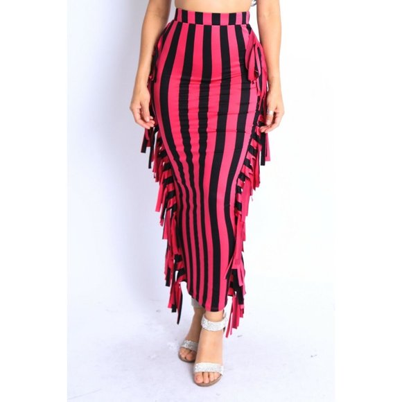 Women Stripe Printed Elastic High Waist Stretch Bodycon Maxi Pencil Fringe Skirt - Picture 4 of 6